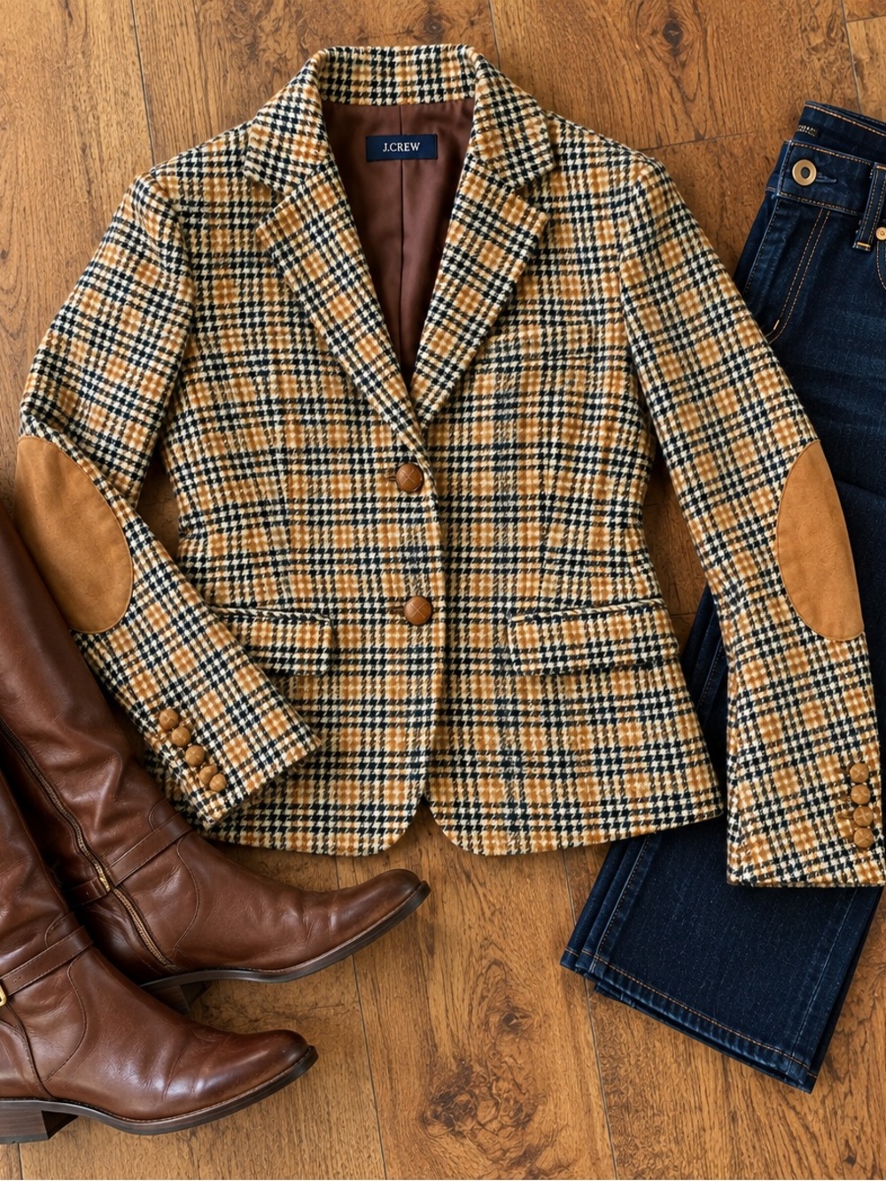 J.Crew Women’s 8 Lambswool Plaid Blazer Leather Elbow Patch Equestrian